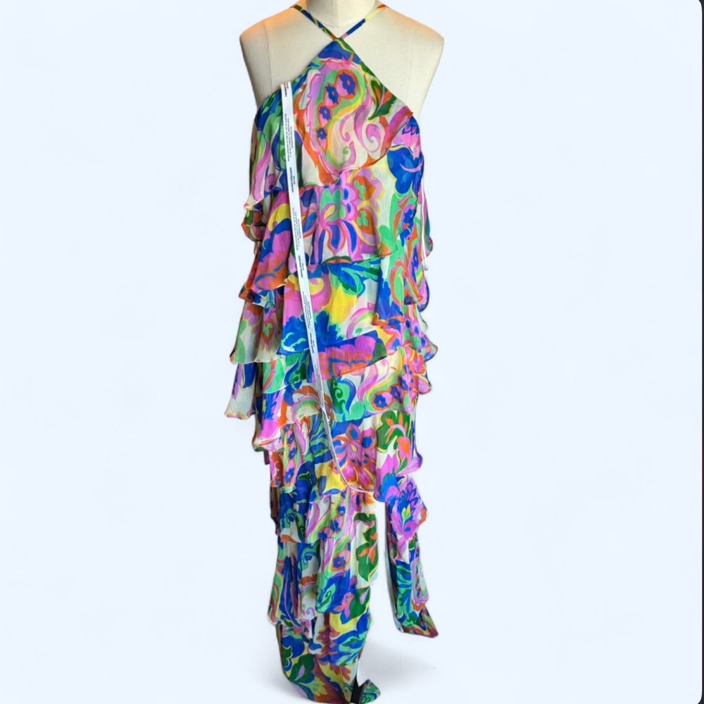 Amanda Uprichard Multicolor Floral Swirl tiered Halter Dress size medium